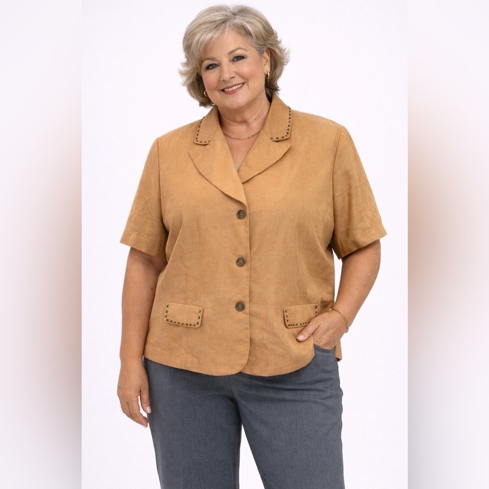 Studio I Womens Size 18 Tobacco Brown Linen Blend Short Sleeve Blazer NEW